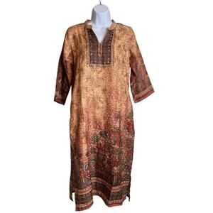Lagi Women's Brown Floral Print Long Kurta Dress Size M Indian Boho